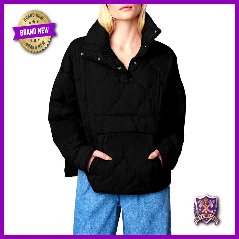 Oversized Puffer Jacket Lightweight Quilted Pullover Half Zip Batwing Sleeve